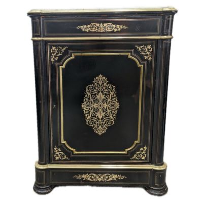 an image of a black and gold cabinet with a door