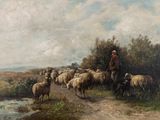 tableau représentant un homme gardant un troupeau de moutons sur un chemin de terre