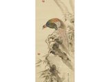 an oriental painting of a bird perched on a branch of a tree