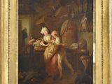an old painting of a man and a woman in a kitchen