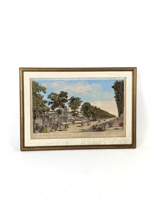 tableau représentant une scène de rue avec une calèche au premier plan et un bâtiment à l'arrière-plan