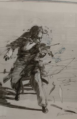 dessin représentant un homme assis sur un banc, un pistolet à la main