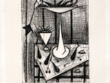a black and white drawing of a vase on a table