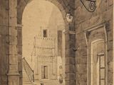 drawing of a man standing in an archway with a building in the background