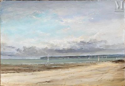 une peinture à l'huile d'une scène de plage avec des bateaux dans l'eau