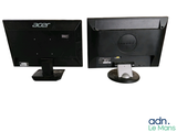 two computer monitors sitting next to each other on a white surface