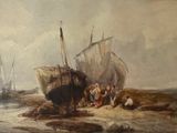 a painting of a group of people sitting on a beach next to a boat