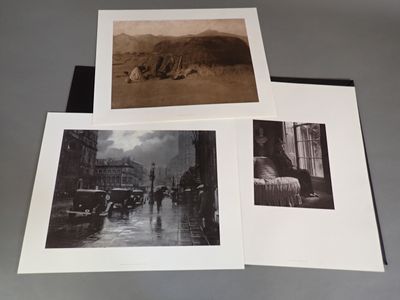 three old black and white photos of a city street with a mountain in the background