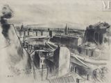 dessin représentant une vue d'une ville avec un pont enjambant une rivière