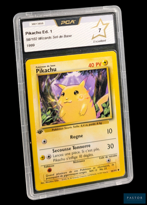 La carte Pokémon se trouve dans un étui en plastique transparent sur fond noir.