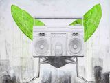 an image of a painting of a boombox with green leaves on it