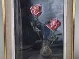 a painting of two roses in a vase on a table