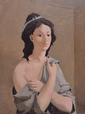 painting of a woman in a gray dress with her arms crossed