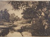 drawing of a landscape with a river and trees in the foreground