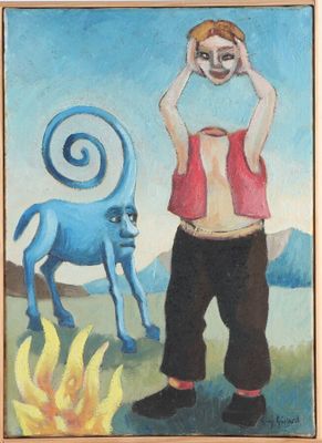 tableau représentant un homme tenant une cruche au-dessus de sa tête devant un chien bleu