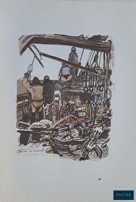 a picture of a picture of a man working on a boat