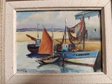 a painting of boats on the water in a white frame