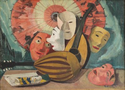 une peinture représentant une nature morte avec des masques, une guitare et un parapluie