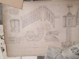 a pile of old paper with drawings on it