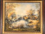 an oil painting of a landscape with a river and houses