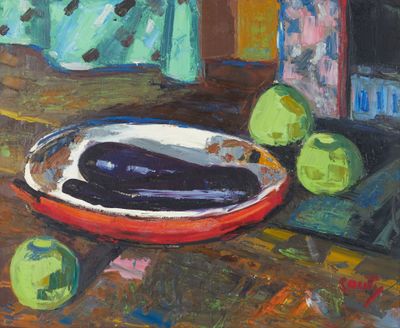 une peinture représentant une aubergine dans un bol posé sur une table