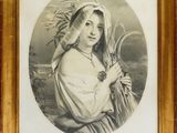 an old picture of a woman holding a bunch of wheat