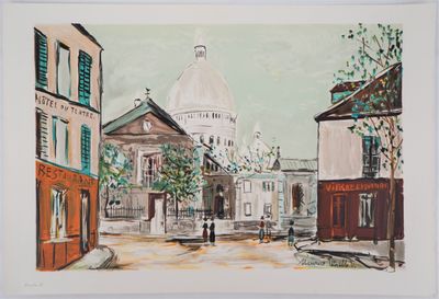 peinture représentant une scène de rue avec des bâtiments et un dôme en arrière-plan