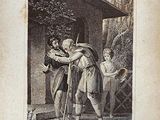 an old book with a picture of a man holding a child