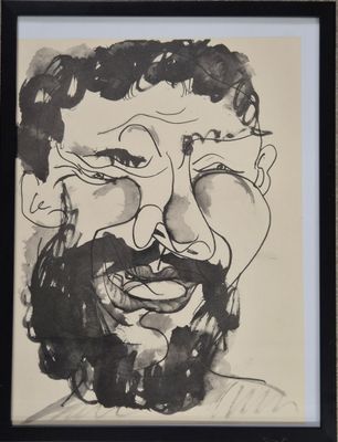 un dessin à l'encre représentant un homme barbu portant des lunettes