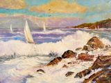 une peinture représentant un voilier sur l'eau, près des rochers