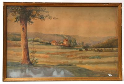 painting of a landscape with a tree and a house in the distance