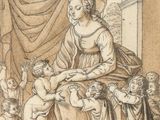 an image of a drawing of a woman sitting on a throne surrounded by children