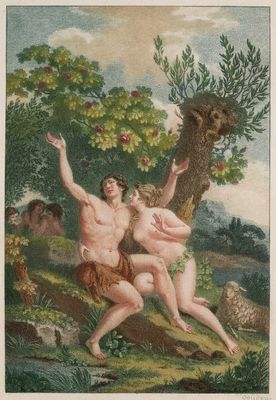 an image of a painting of two naked men in a wooded area
