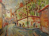 peinture d'une scène de rue avec des personnes marchant dans la rue