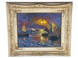 une peinture à l'huile représentant des voiliers sur l'océan au coucher du soleil