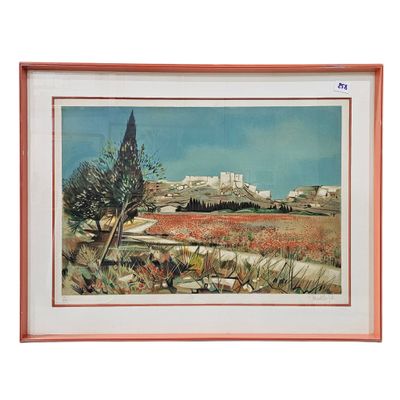 painting of a view of a town with a hill in the background