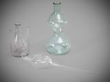 two glass vases and a bottle on the table