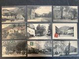 several old black and white photographs of a town with a red fire hydrant