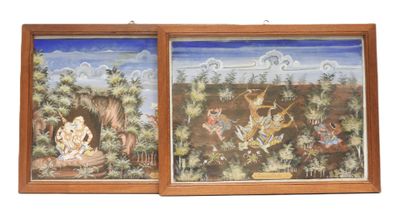 two framed paintings of hindu deities on a white background