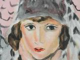 painting of a woman wearing a hat with flowers in her hair