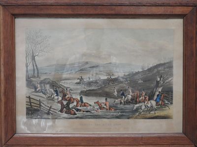 tableau représentant un groupe d'hommes à cheval et un chien dans une rivière