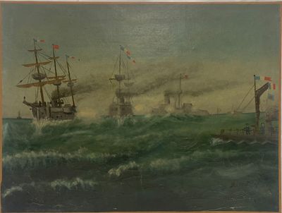 une peinture à l'huile représentant des bateaux sur un plan d'eau par temps nuageux