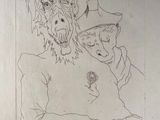 drawing of a man with a goat on his head and a cat on his lap