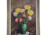an oil painting of a vase of flowers on a table