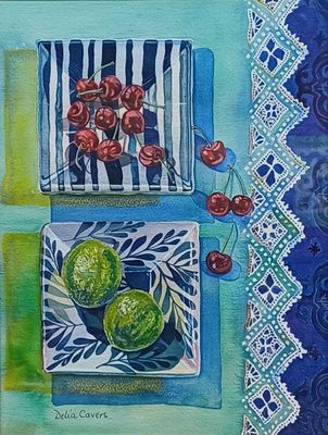 a painting of cherries and cherries on a plate