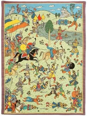 une image représentant un tableau illustrant une bataille avec des personnages à cheval