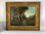 a painting of a wooded landscape with a river and trees