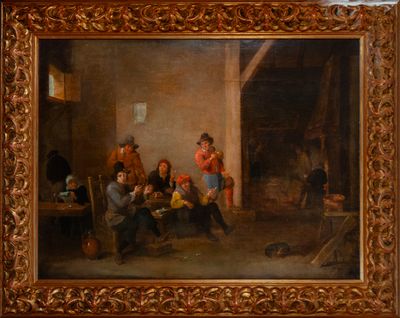 an image of a painting of a group of people in a barn