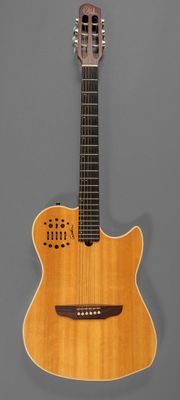 a close up of an acoustic guitar on a gray background