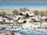 painting of a snowy village with a river and a church